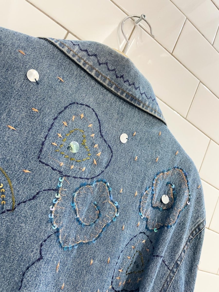 vintage 00s tanjay velvet rose embellished denim jacket - good market thrift store