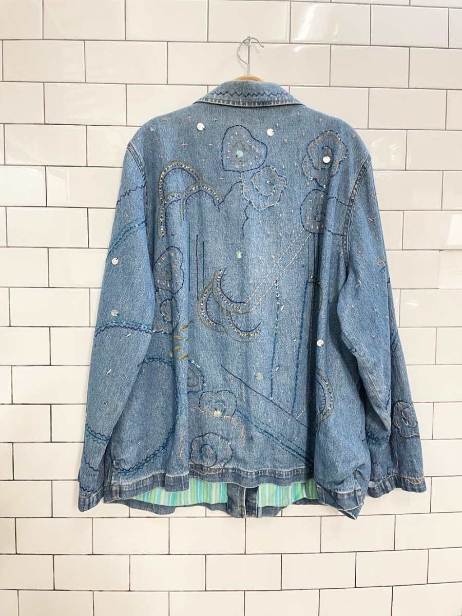 vintage 00s tanjay velvet rose embellished denim jacket - good market thrift store