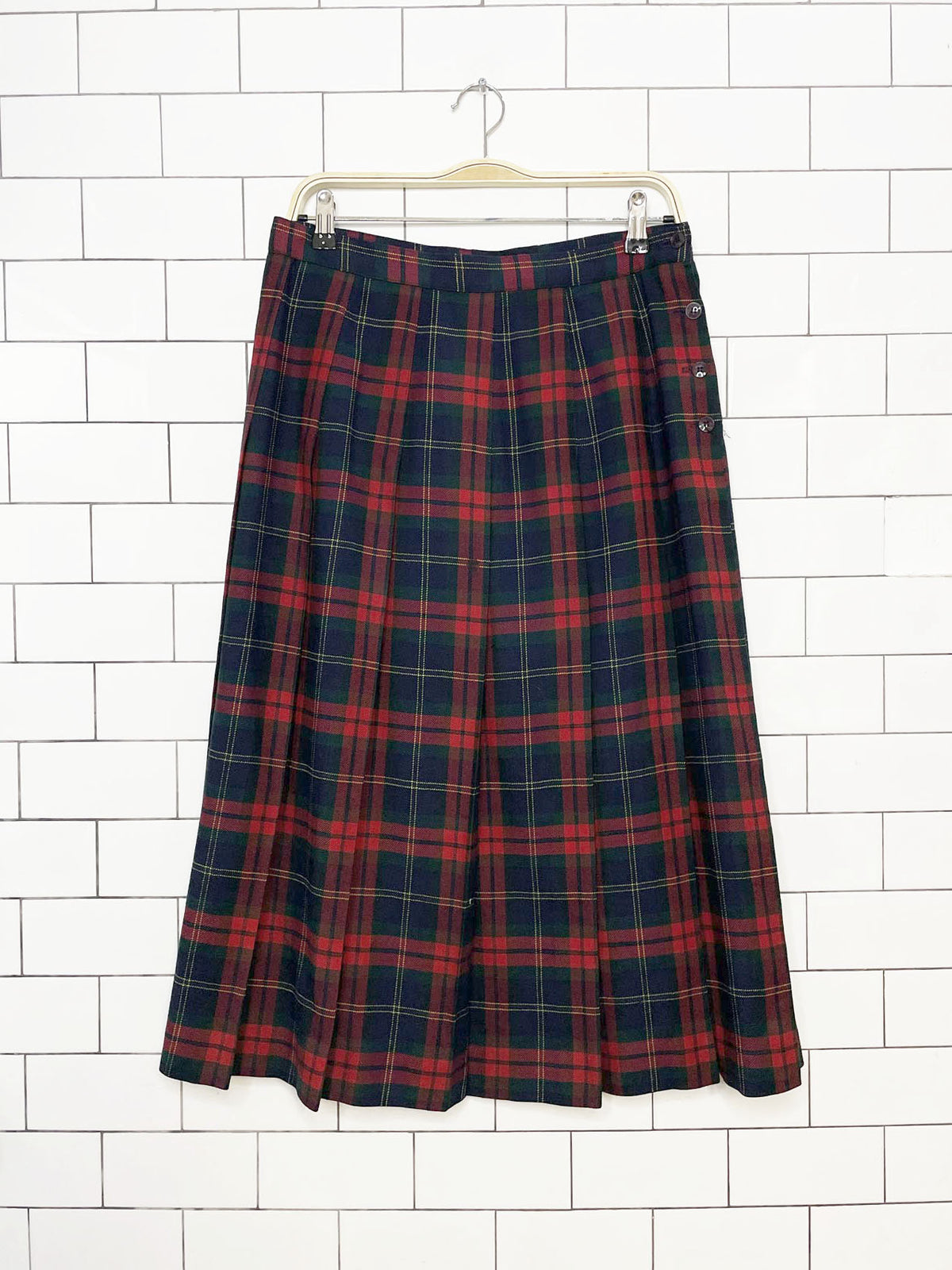 vintage 90s ll bean 100% wool plaid pleated midi skirt | made in USA