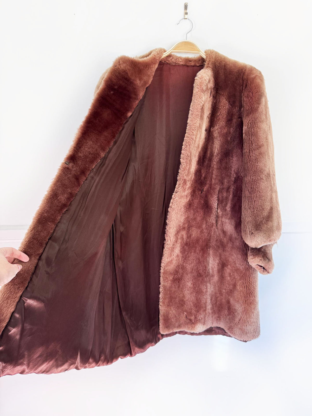 vintage 70s shaved sheepskin fur collarless puff sleeve teddy coat