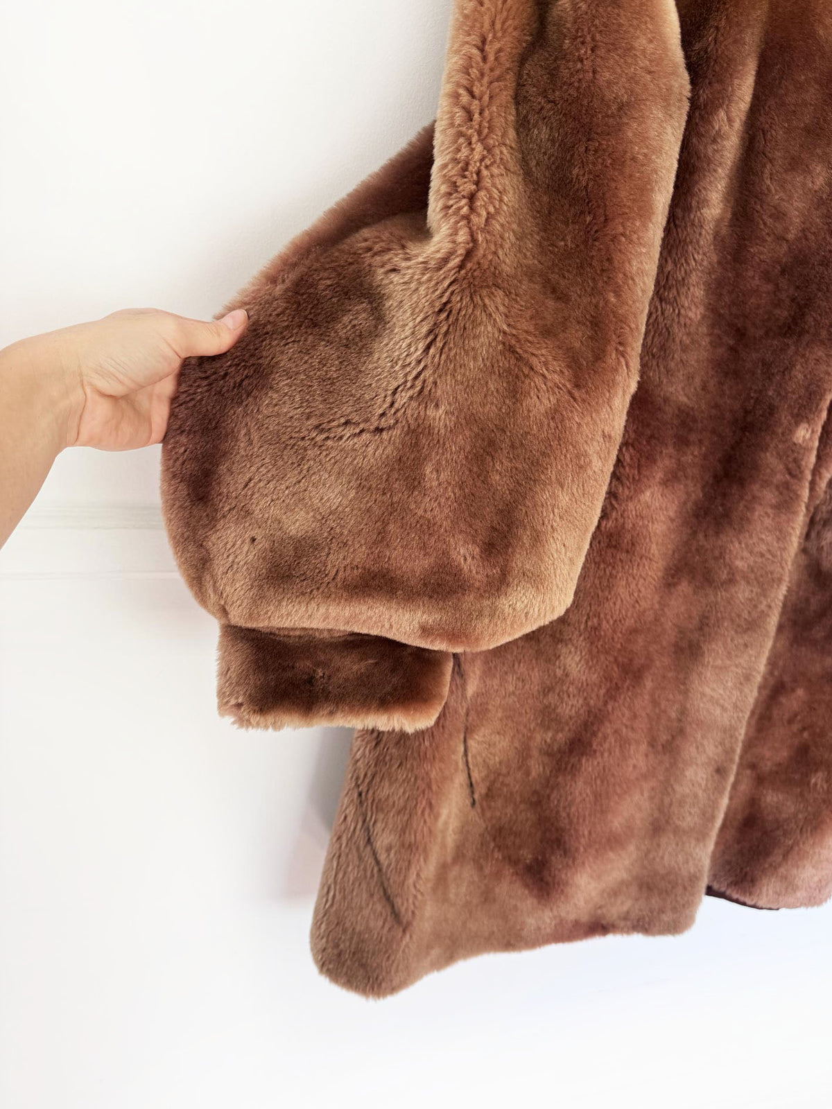 vintage 70s shaved sheepskin fur collarless puff sleeve teddy coat