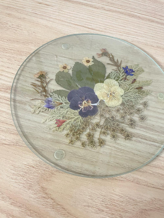 vintage pressed flower glass trivet