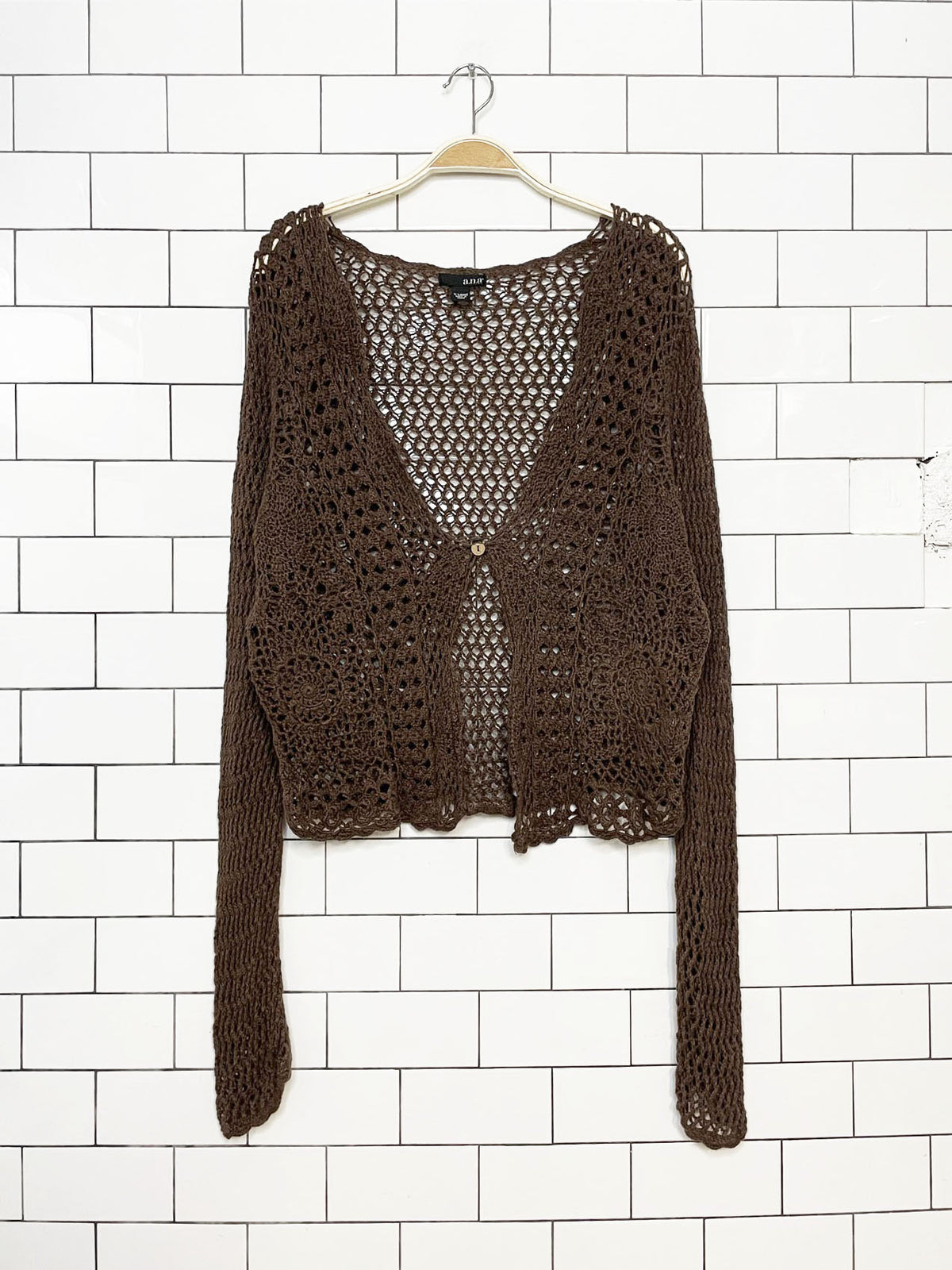 y2k ana loose crochet knit long sleeve single button cardigan