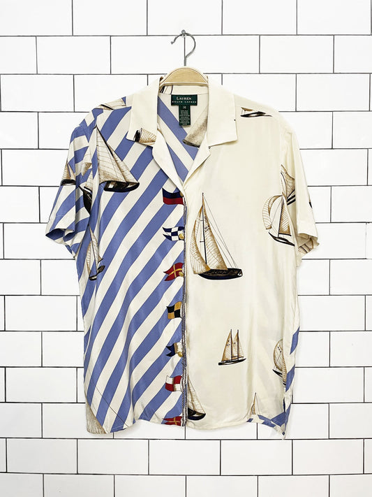 vintage lauren ralph lauren 100% silk nautical stripe sailboat blouse