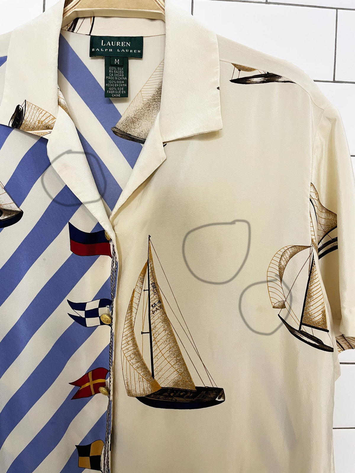 vintage lauren ralph lauren 100% silk nautical stripe sailboat blouse