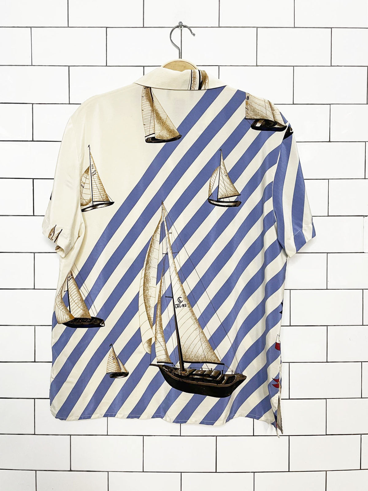 vintage lauren ralph lauren 100% silk nautical stripe sailboat blouse