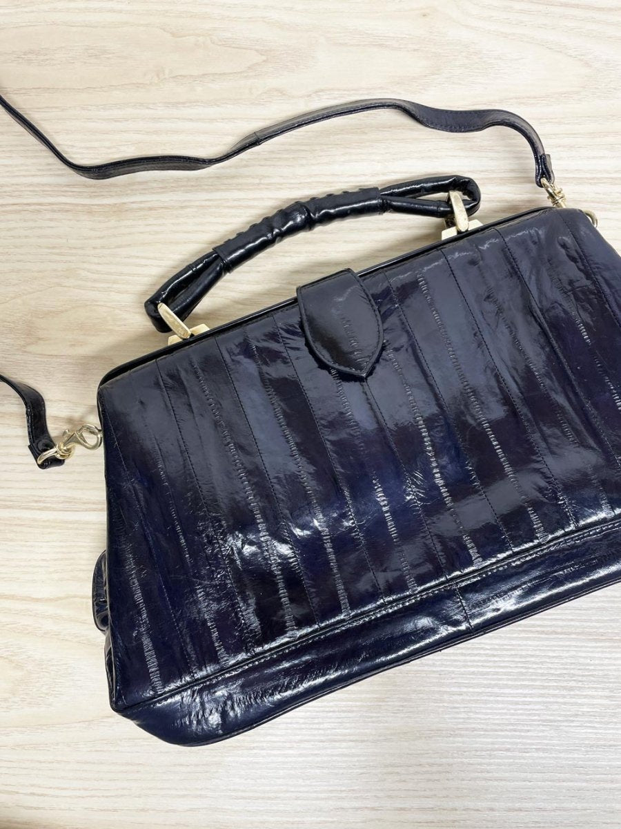 vintage 80s eelskin leather satchel | suede lining | made in korea - good market thrift store