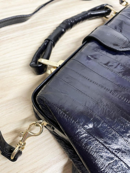 vintage 80s eelskin leather satchel | suede lining | made in korea - good market thrift store