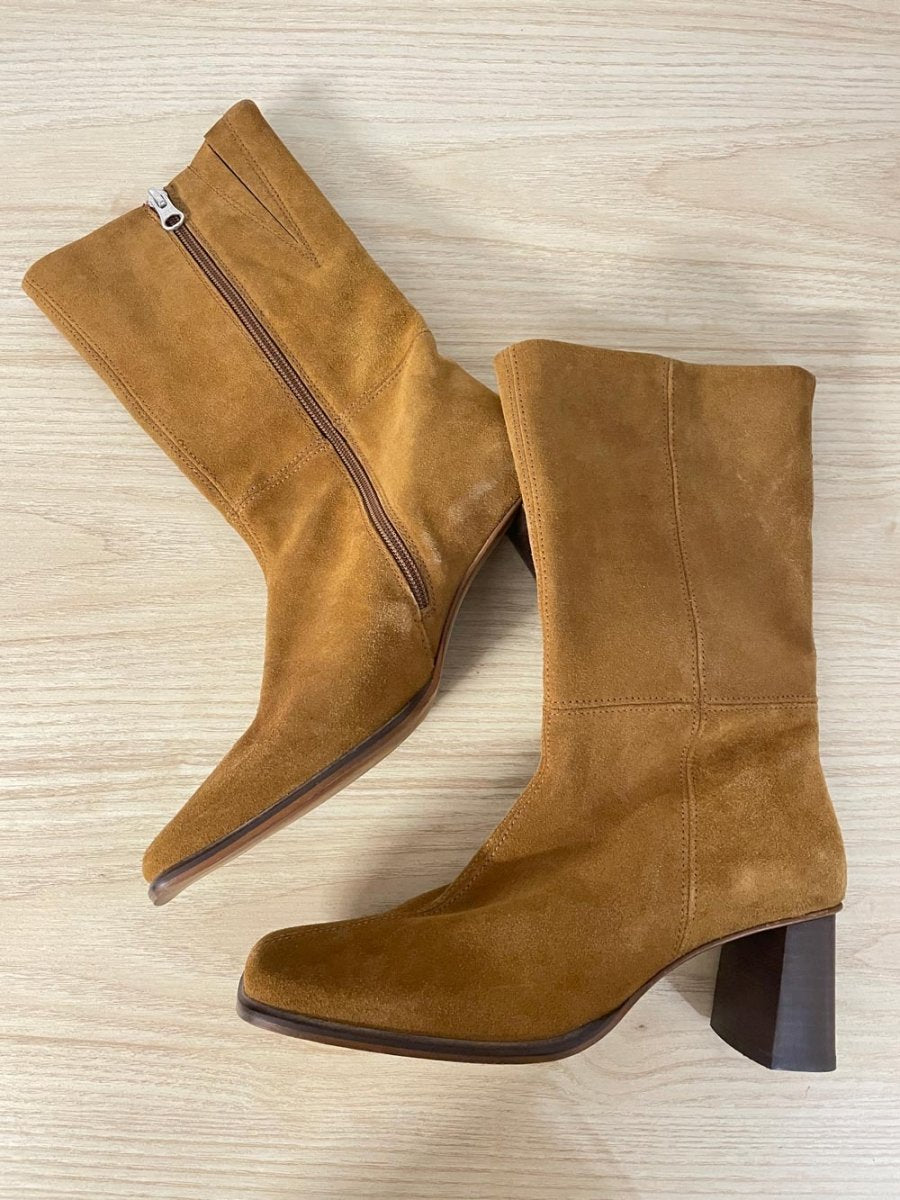 l'intervalle square toe suede heeled boot - good market thrift store