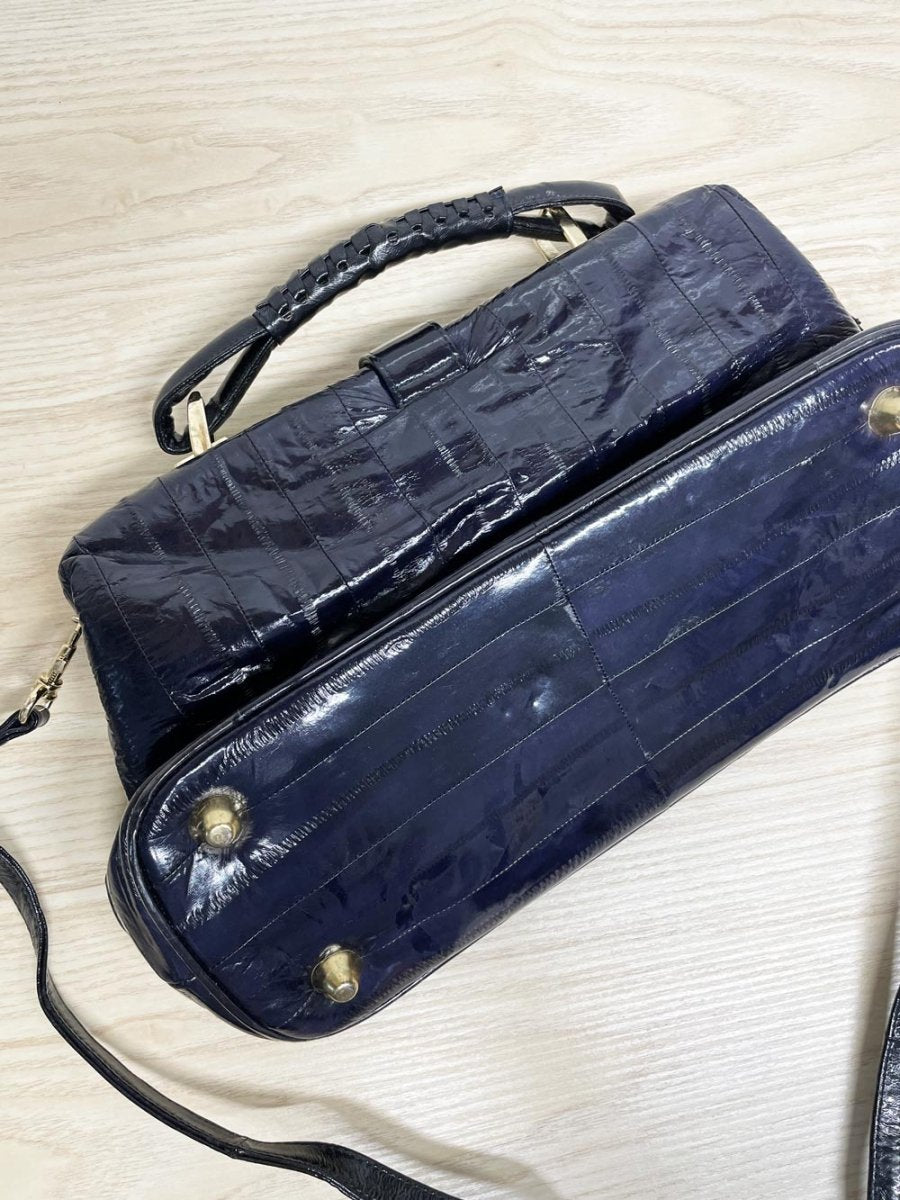 vintage 80s eelskin leather satchel | suede lining | made in korea - good market thrift store