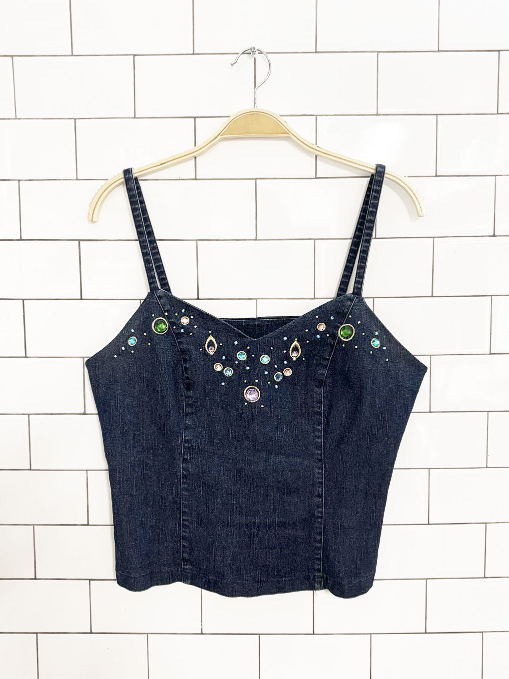 vintage uptown girl bedazzled gem denim tank top