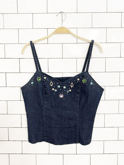 vintage uptown girl bedazzled gem denim tank top