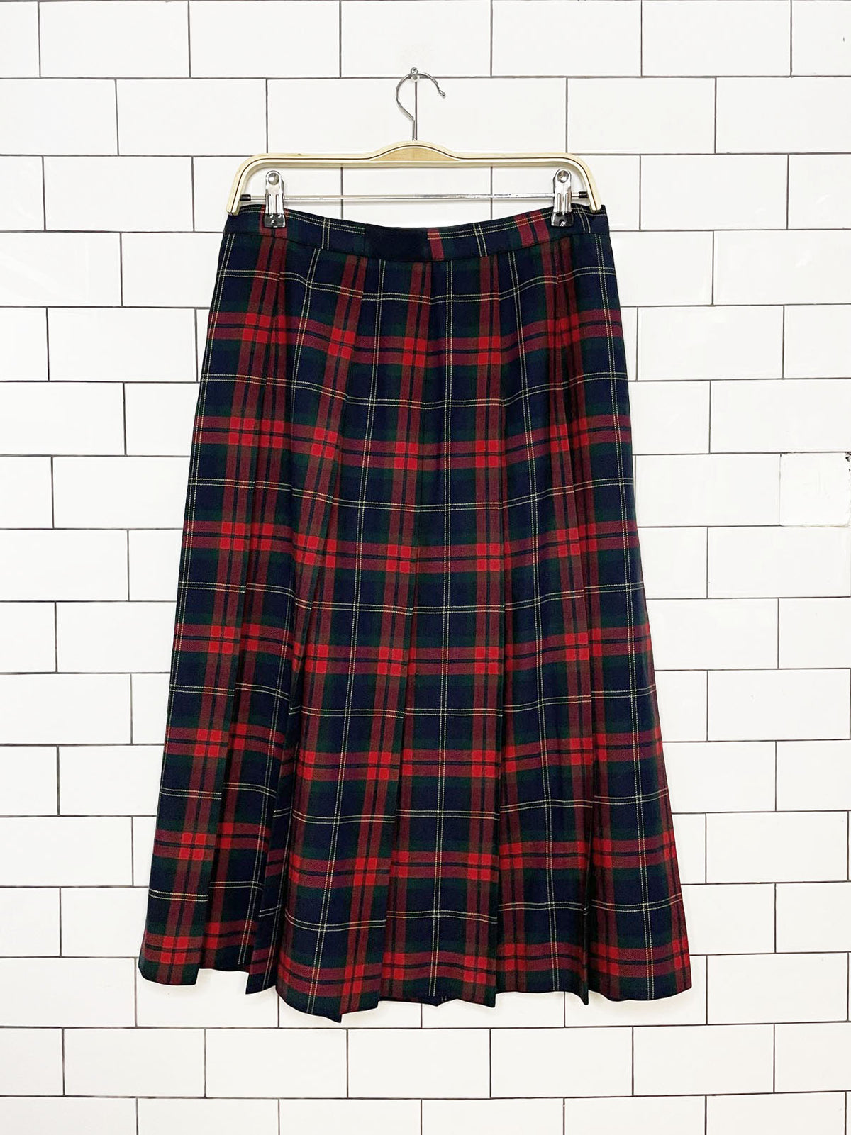 vintage 90s ll bean 100% wool plaid pleated midi skirt | made in USA