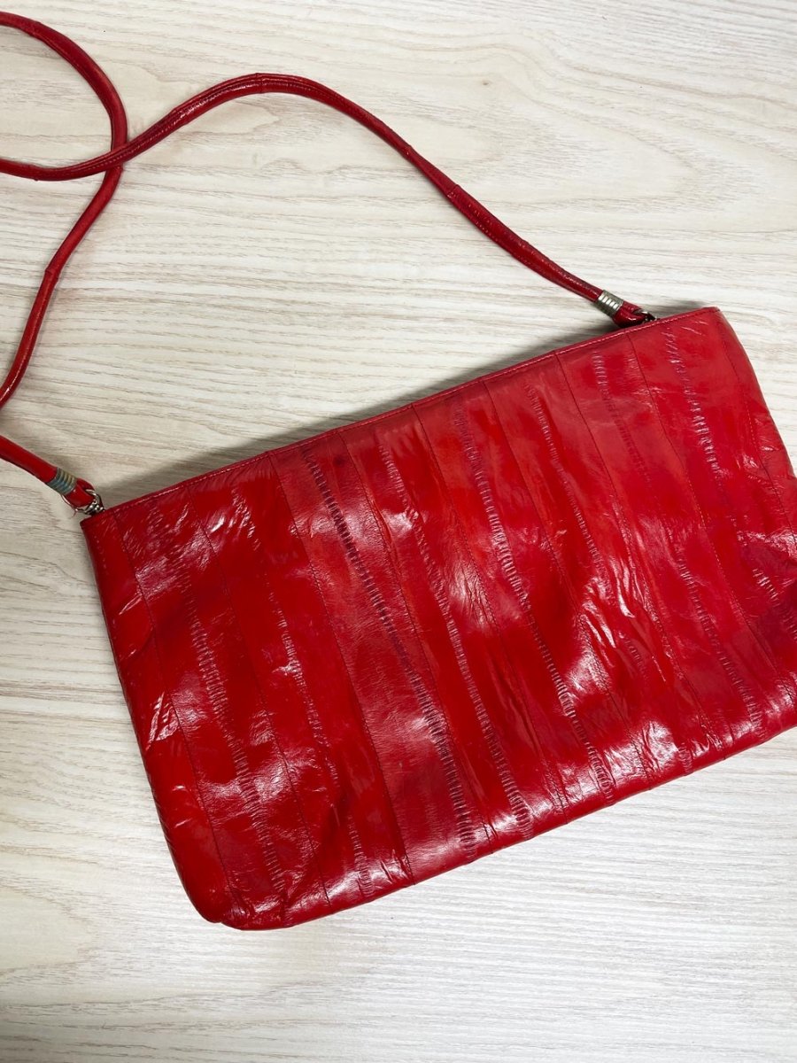 vintage 80s eelskin + snakeskin leather crossbody clutch | suede lining - good market thrift store