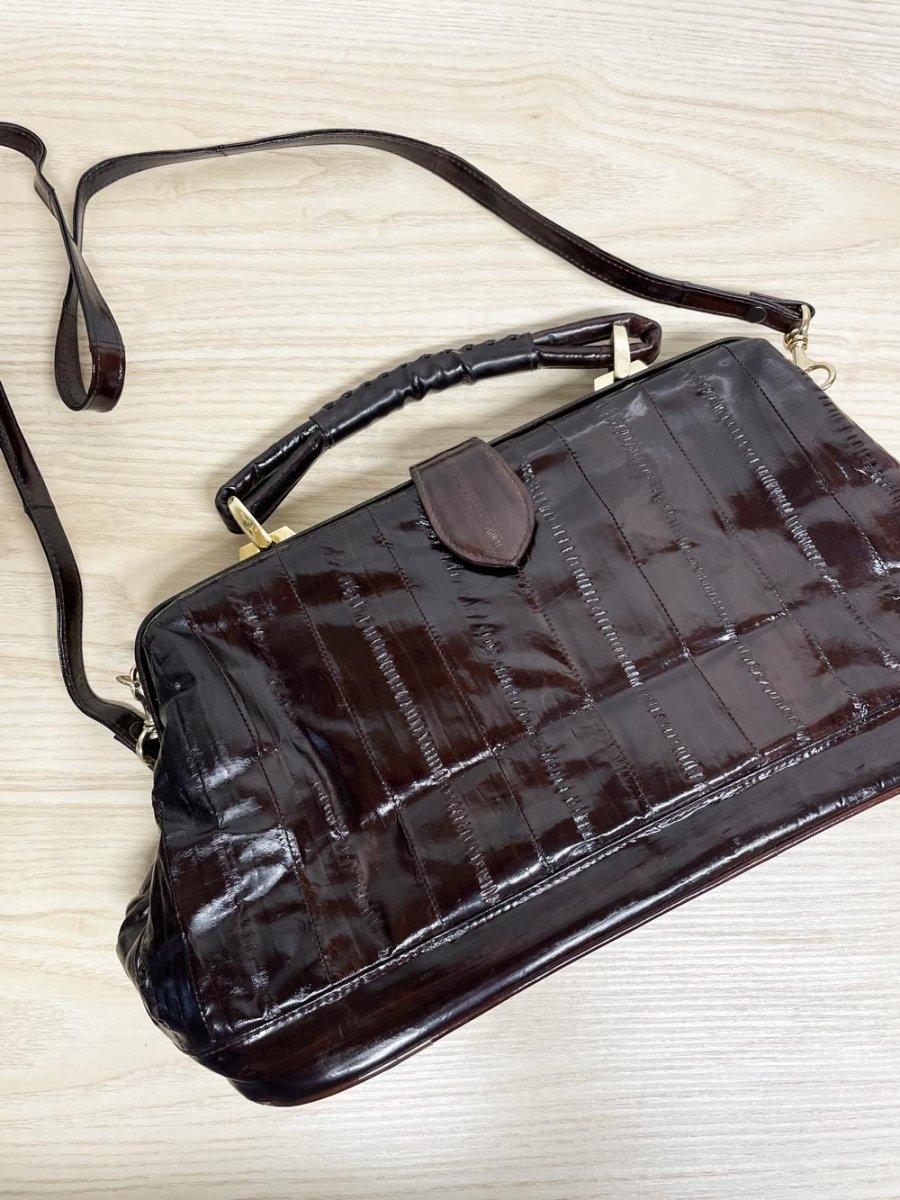 vintage 80s eelskin leather satchel | suede lining | made in korea - good market thrift store
