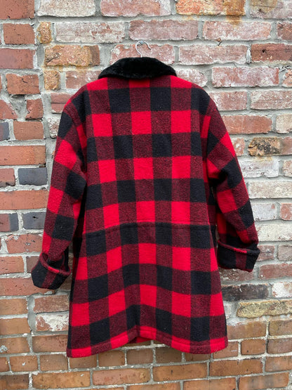 vintage woolrich buffalo plaid wool faux fur collar coat