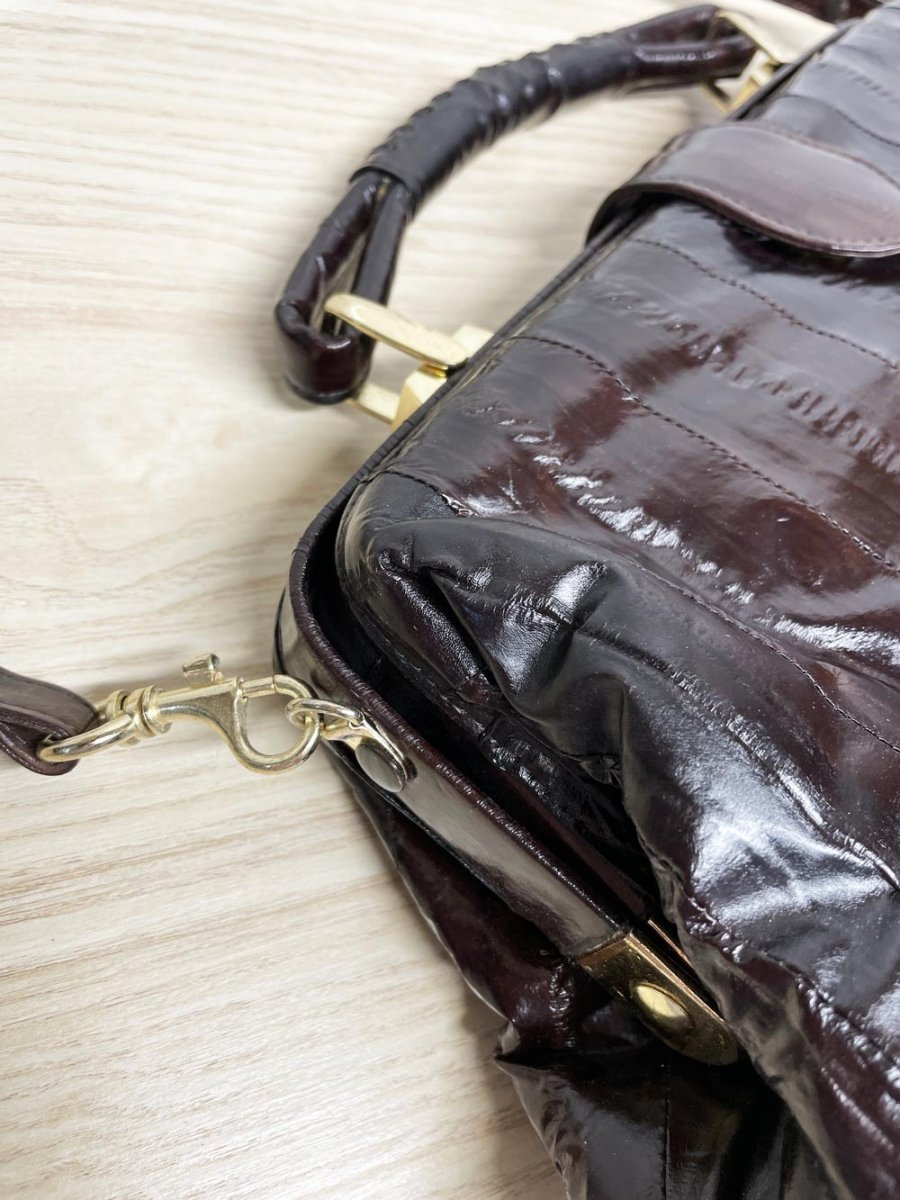vintage 80s eelskin leather satchel | suede lining | made in korea - good market thrift store