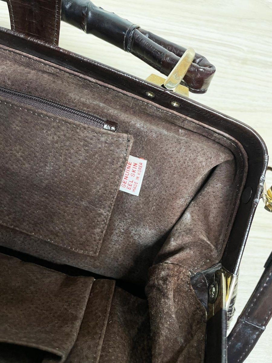vintage 80s eelskin leather satchel | suede lining | made in korea - good market thrift store