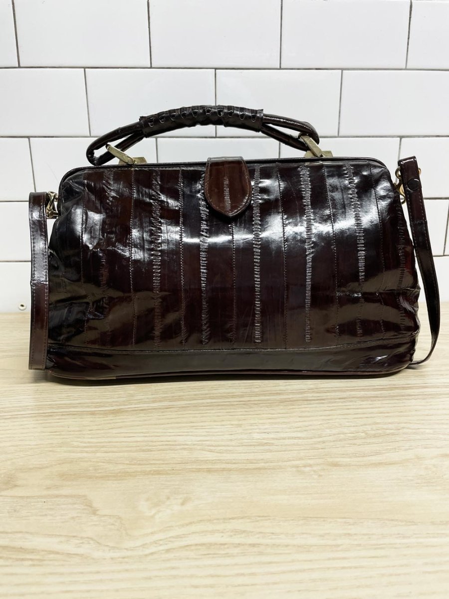 vintage 80s eelskin leather satchel | suede lining | made in korea - good market thrift store