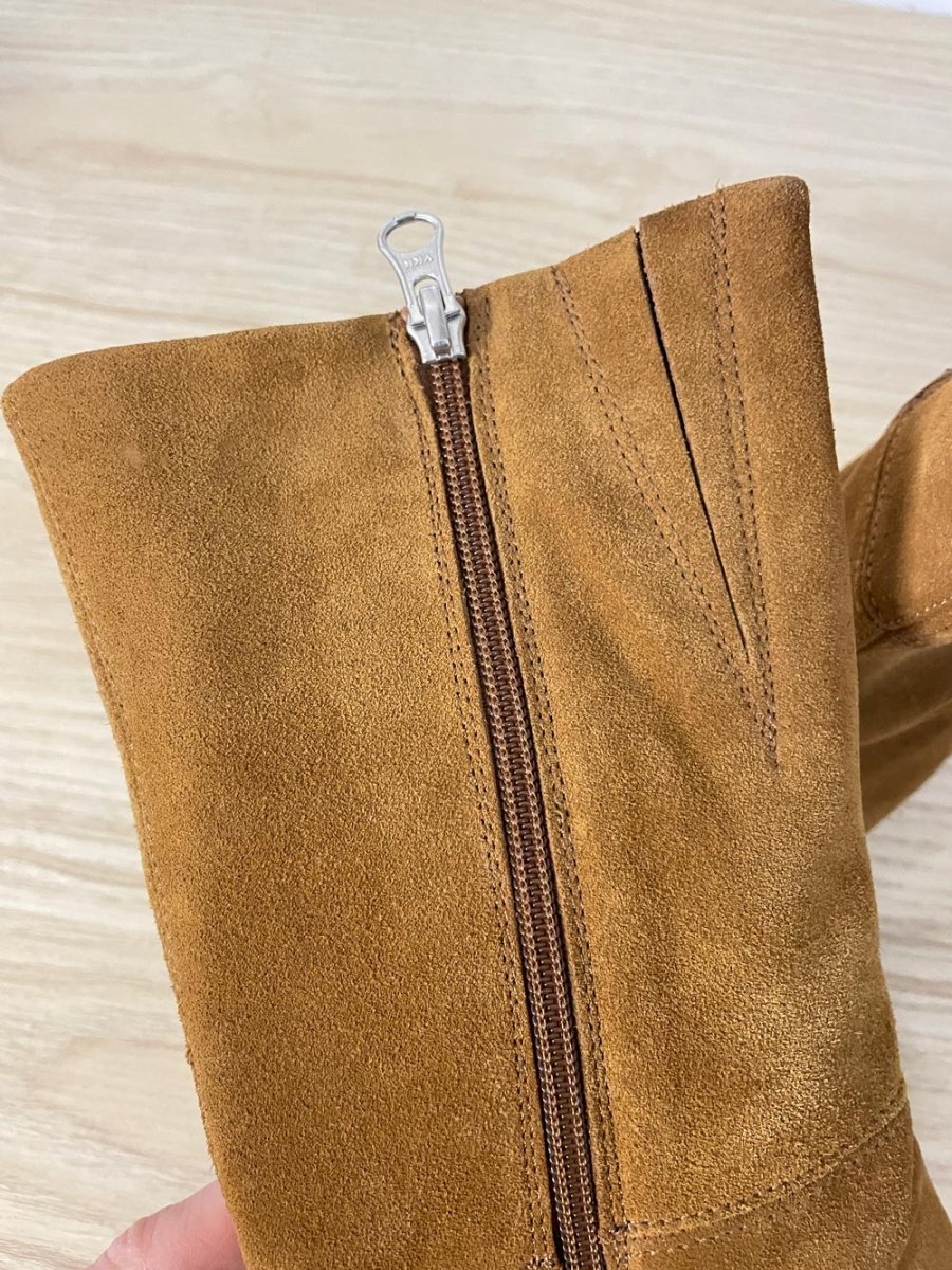 l'intervalle square toe suede heeled boot - good market thrift store