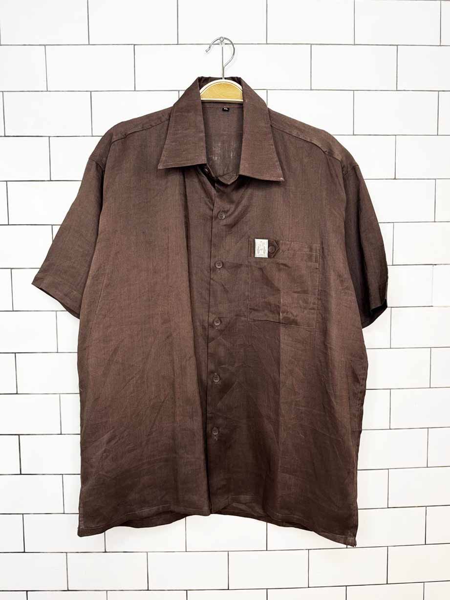 vintage 70s linen club 100% linen full button shirt