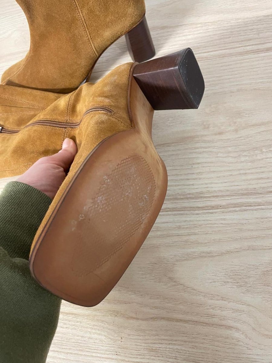 l'intervalle square toe suede heeled boot - good market thrift store