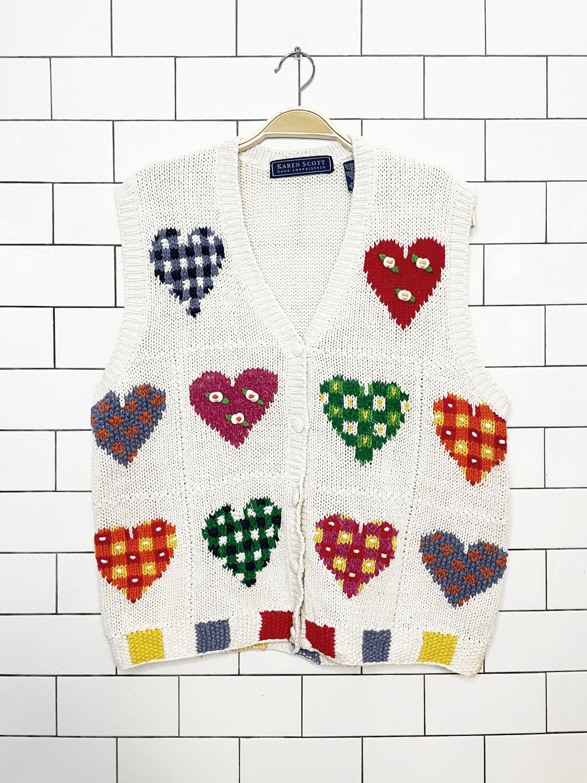 vintage karen scott ramie-blend hand-embroidered heart knit vest