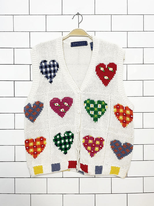 vintage karen scott ramie-blend hand-embroidered heart knit vest