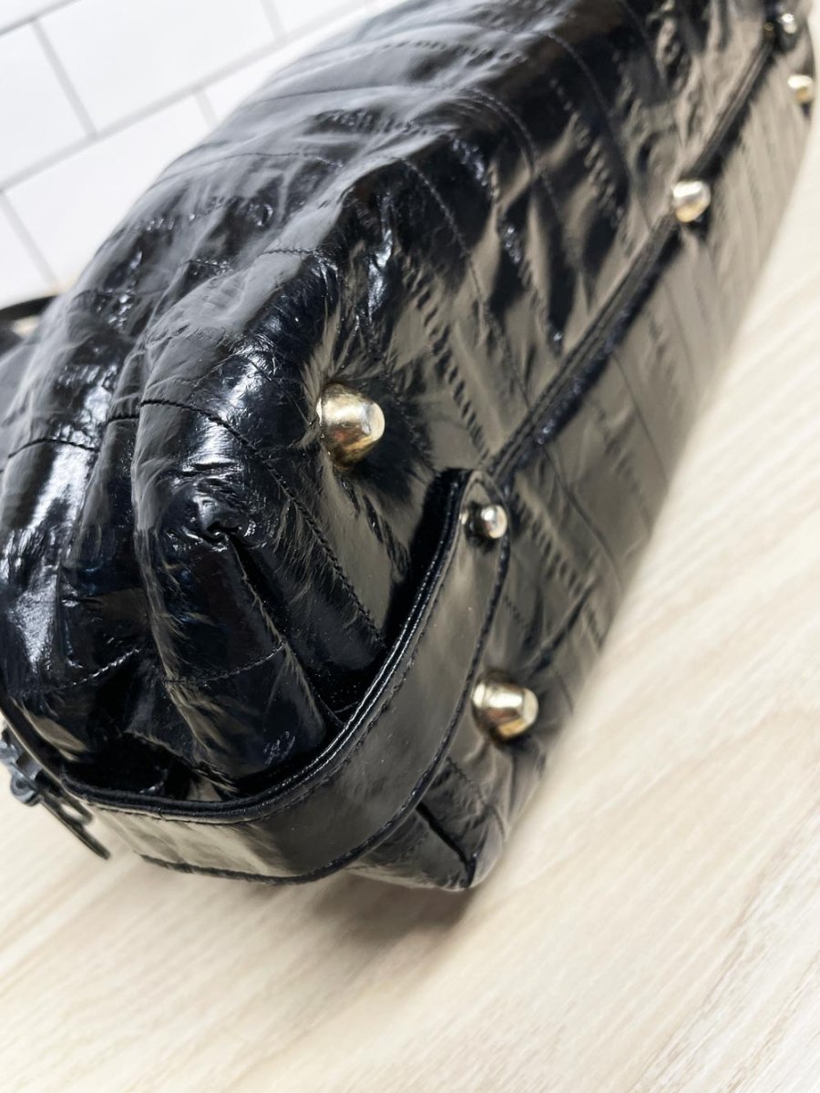 vintage 80s eelskin leather satchel | suede lining | made in korea - good market thrift store