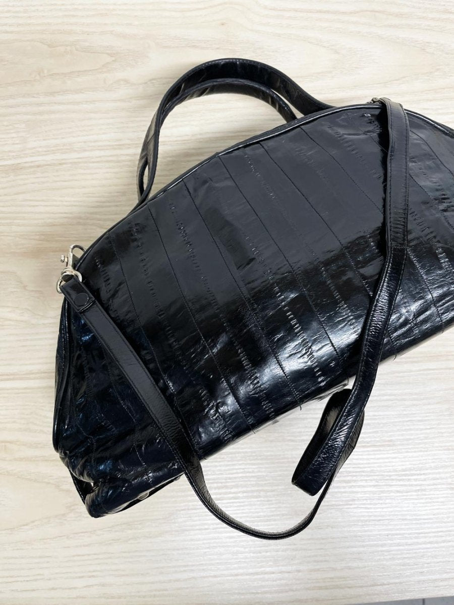 vintage 80s eelskin leather satchel | suede lining | made in korea - good market thrift store
