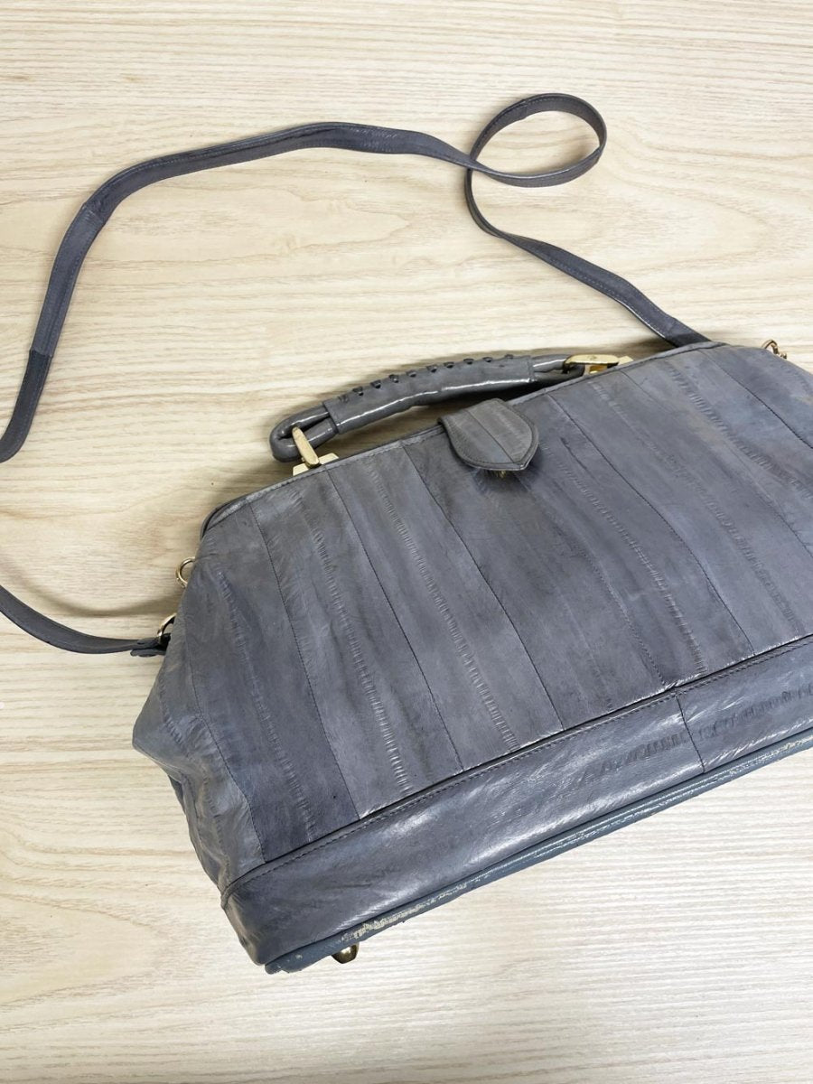vintage 80s eelskin leather satchel | suede lining | made in korea - good market thrift store
