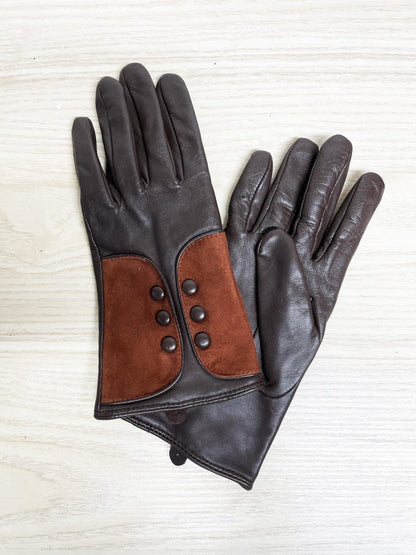 vintage lambskin leather gloves w suede + button detail - good market thrift store