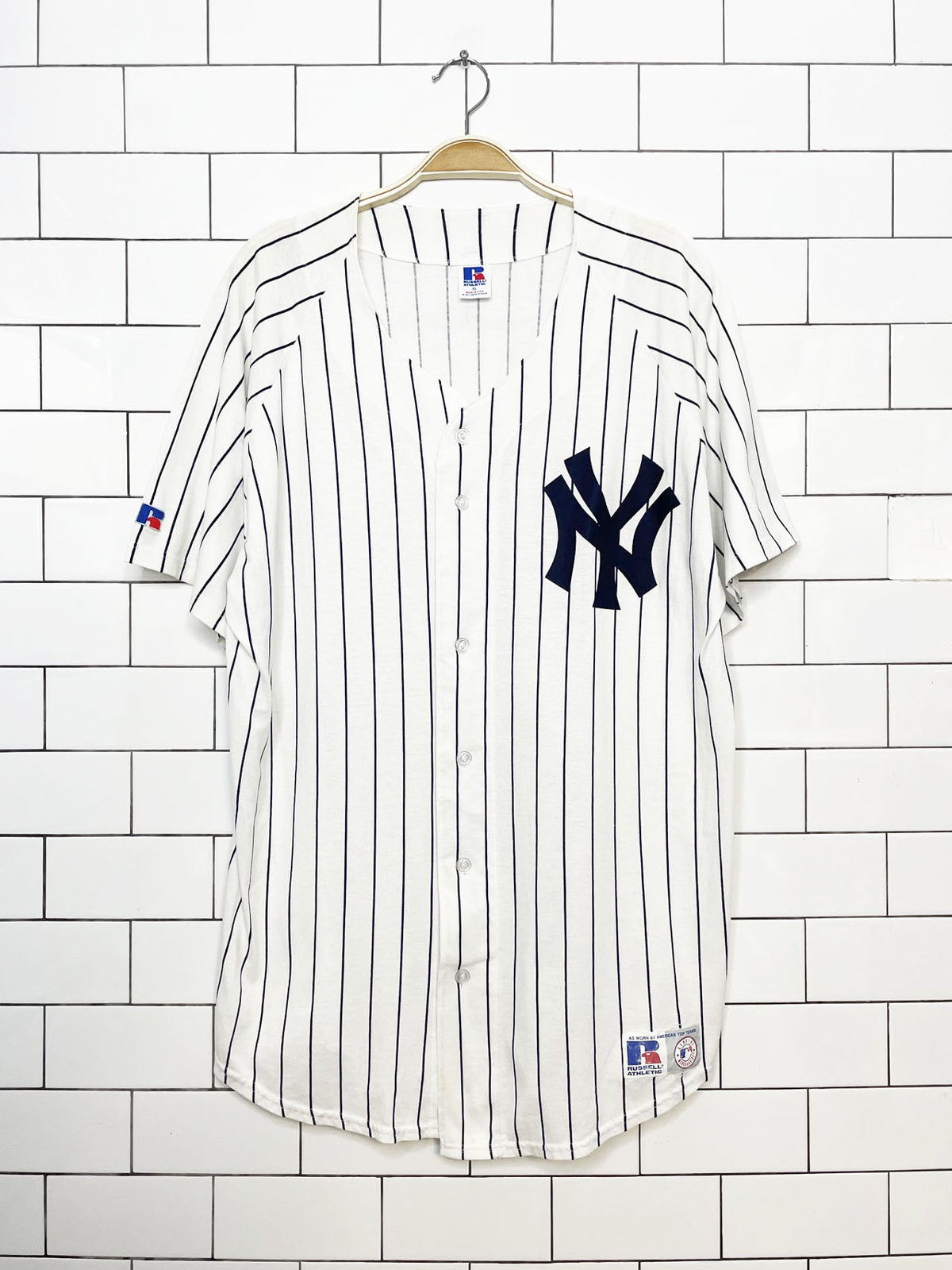 vintage 90s new york yankees x russel athletic stripe fan jersey | made in usa