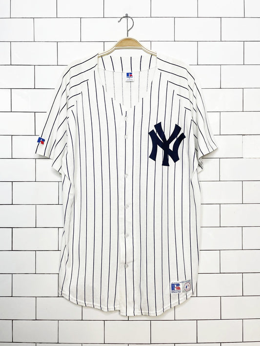 vintage 90s new york yankees x russel athletic stripe fan jersey | made in usa