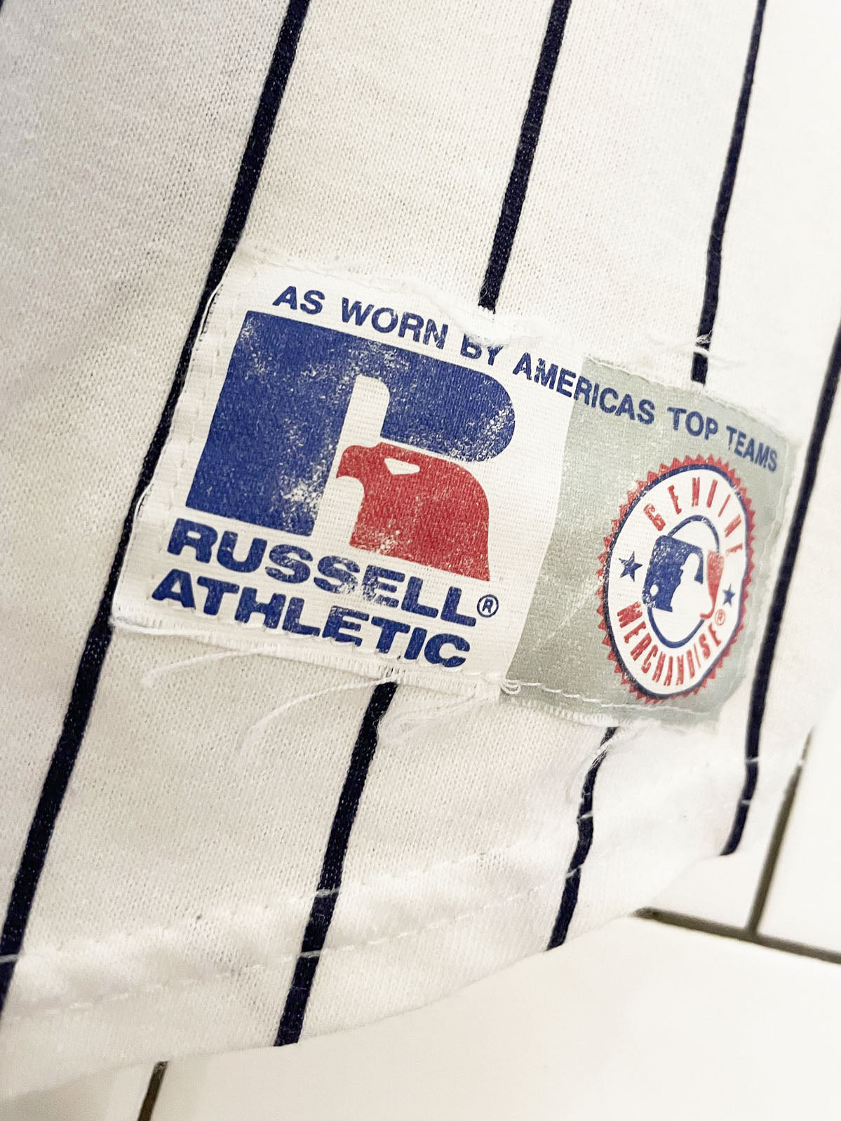 vintage 90s new york yankees x russel athletic stripe fan jersey | made in usa