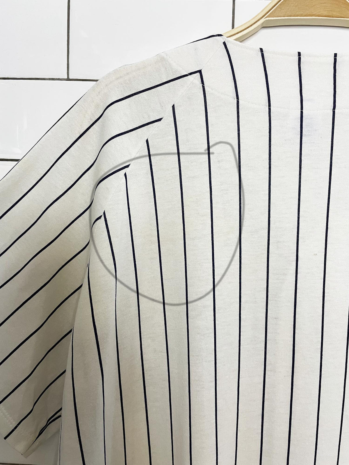 vintage 90s new york yankees x russel athletic stripe fan jersey | made in usa