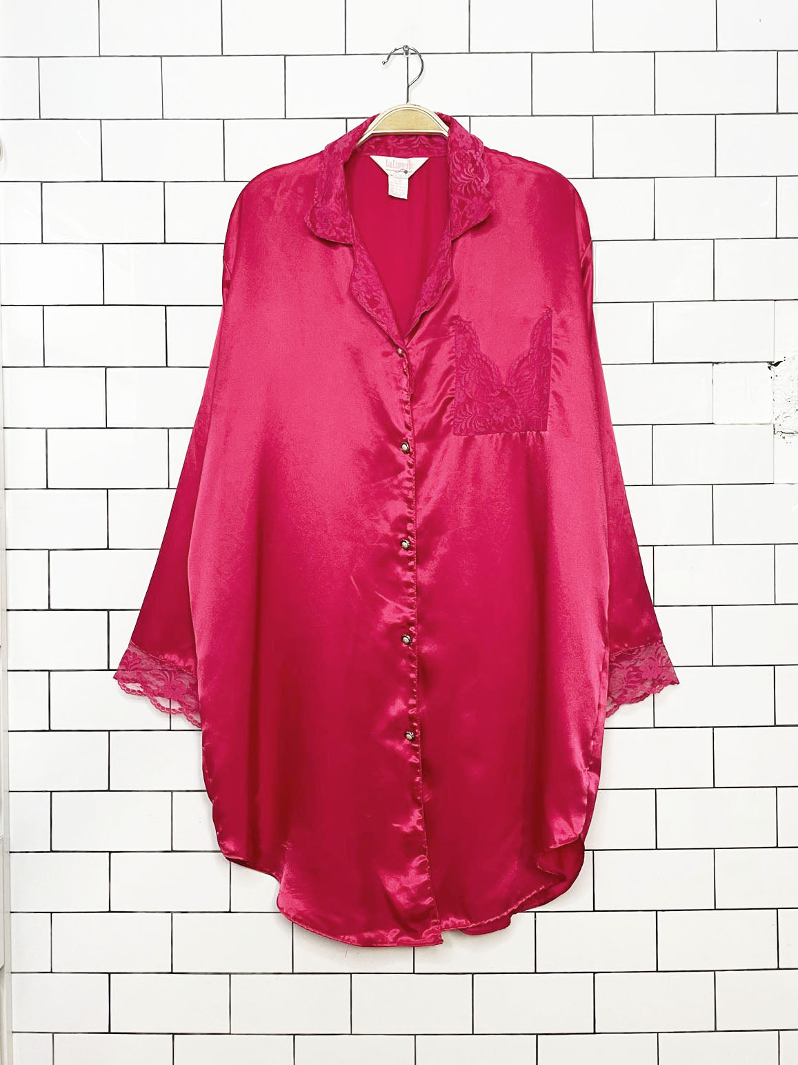 vintage la lingerie lace trim satin full button midi night dress