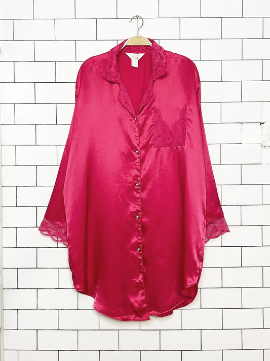 vintage la lingerie lace trim satin full button midi night dress