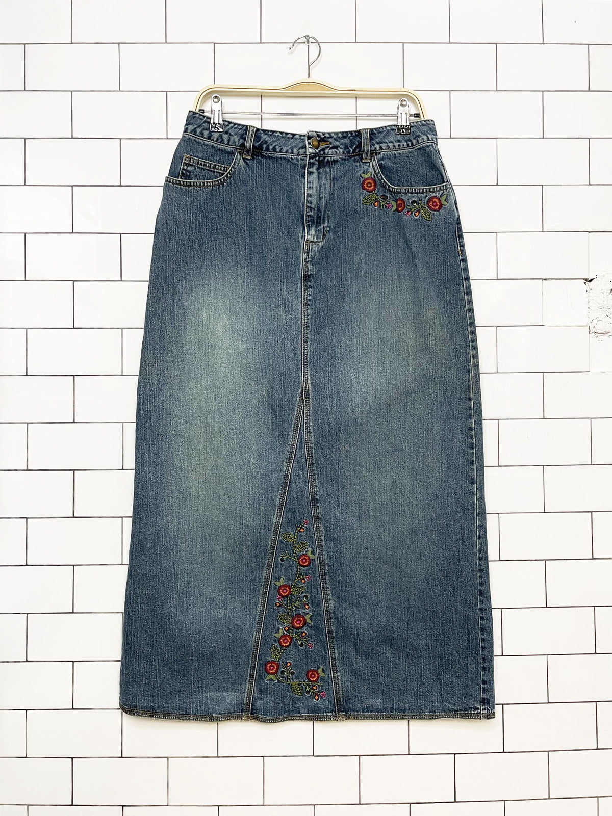 y2k st johns bay floral embroidered denim maxi skirt