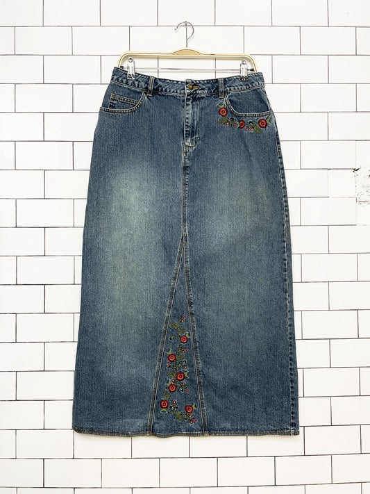 y2k st johns bay floral embroidered denim maxi skirt