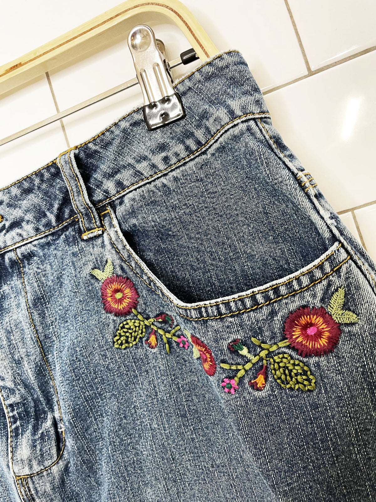 y2k st johns bay floral embroidered denim maxi skirt