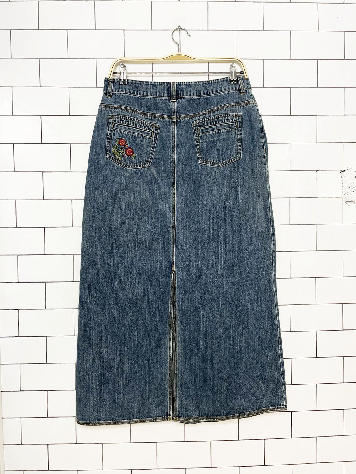 y2k st johns bay floral embroidered denim maxi skirt
