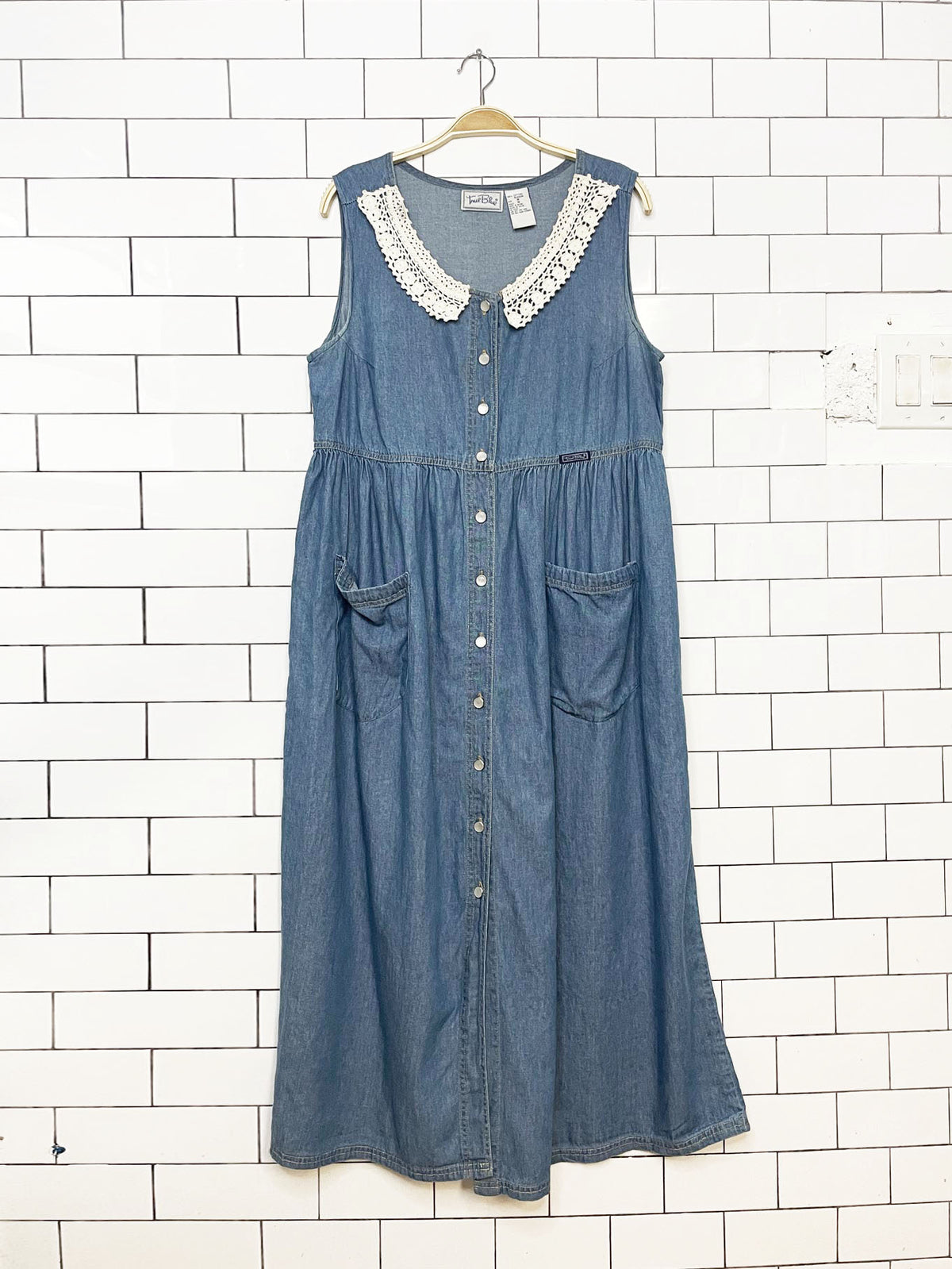 vintage 90s true blue crochet collar full button denim maxi dress