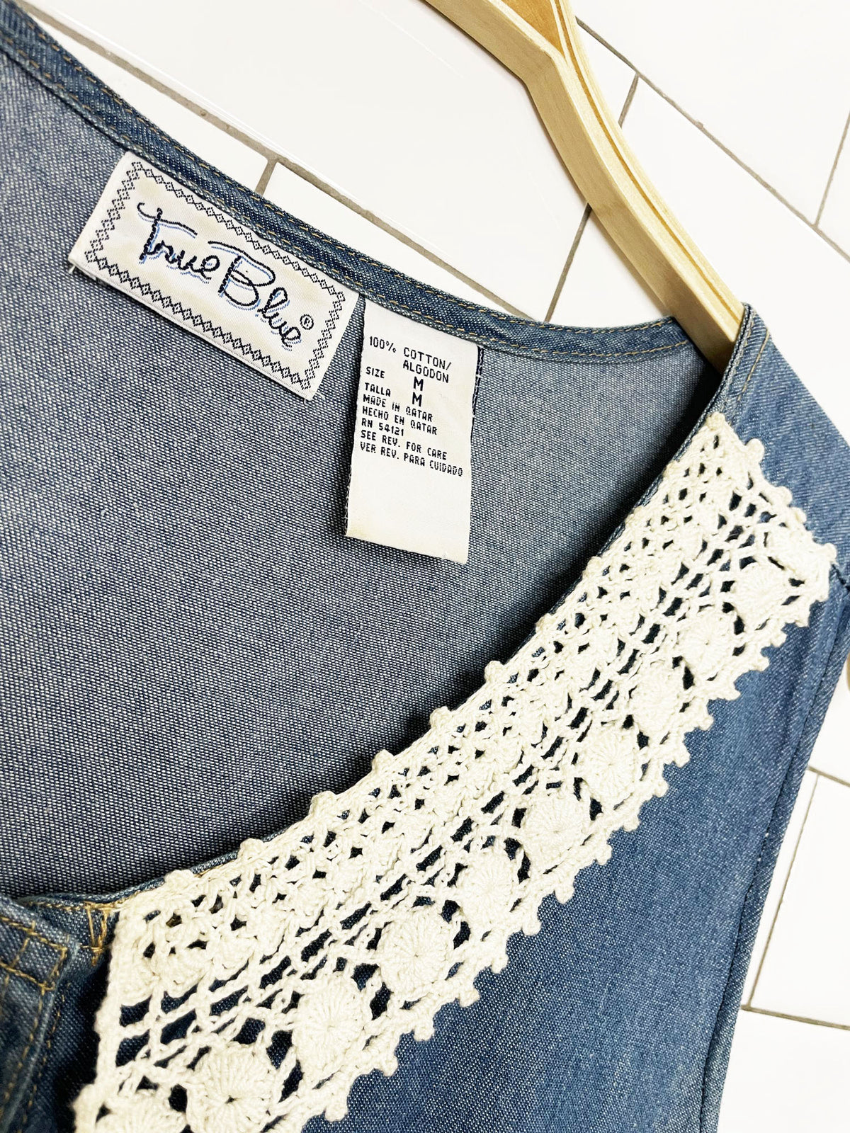 vintage 90s true blue crochet collar full button denim maxi dress