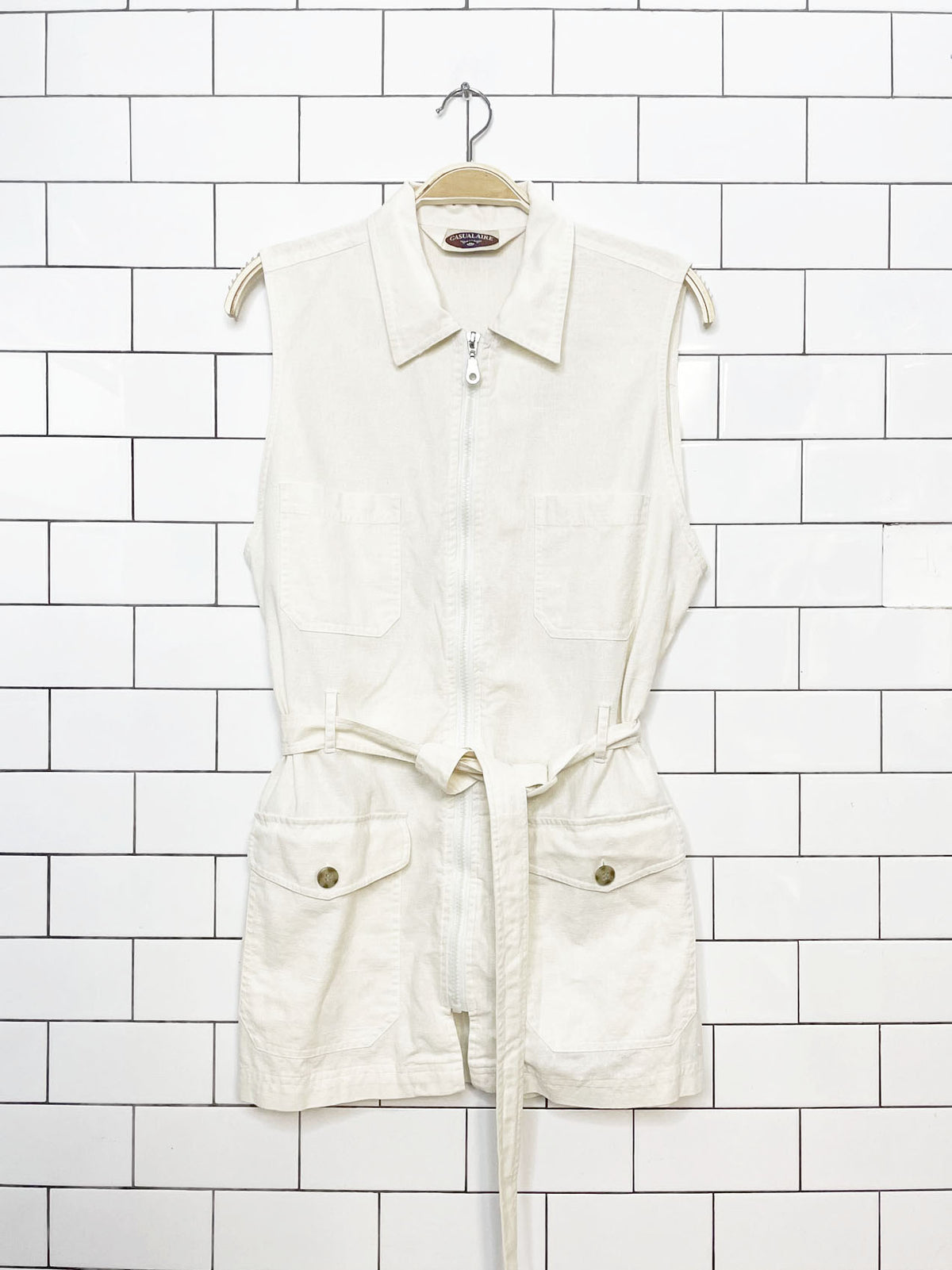 vintage casualaire linen-blend long belted full zip vest