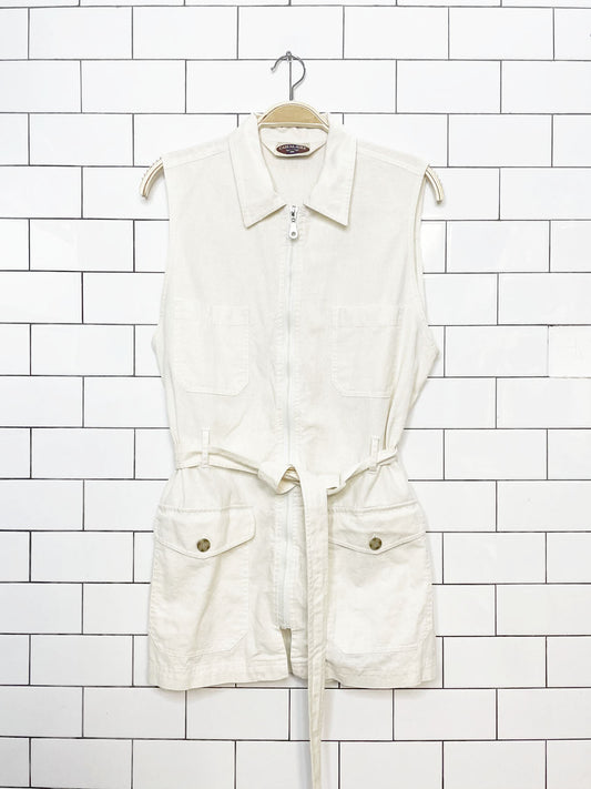 vintage casualaire linen-blend long belted full zip vest