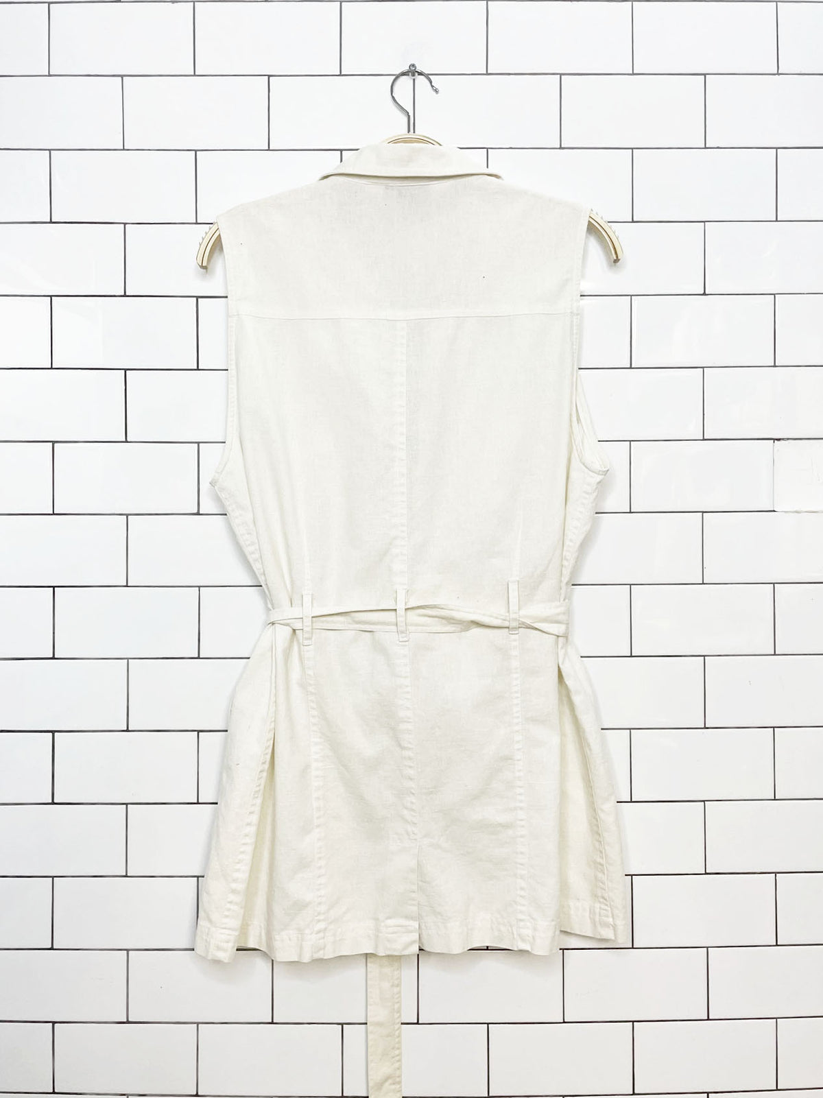 vintage casualaire linen-blend long belted full zip vest