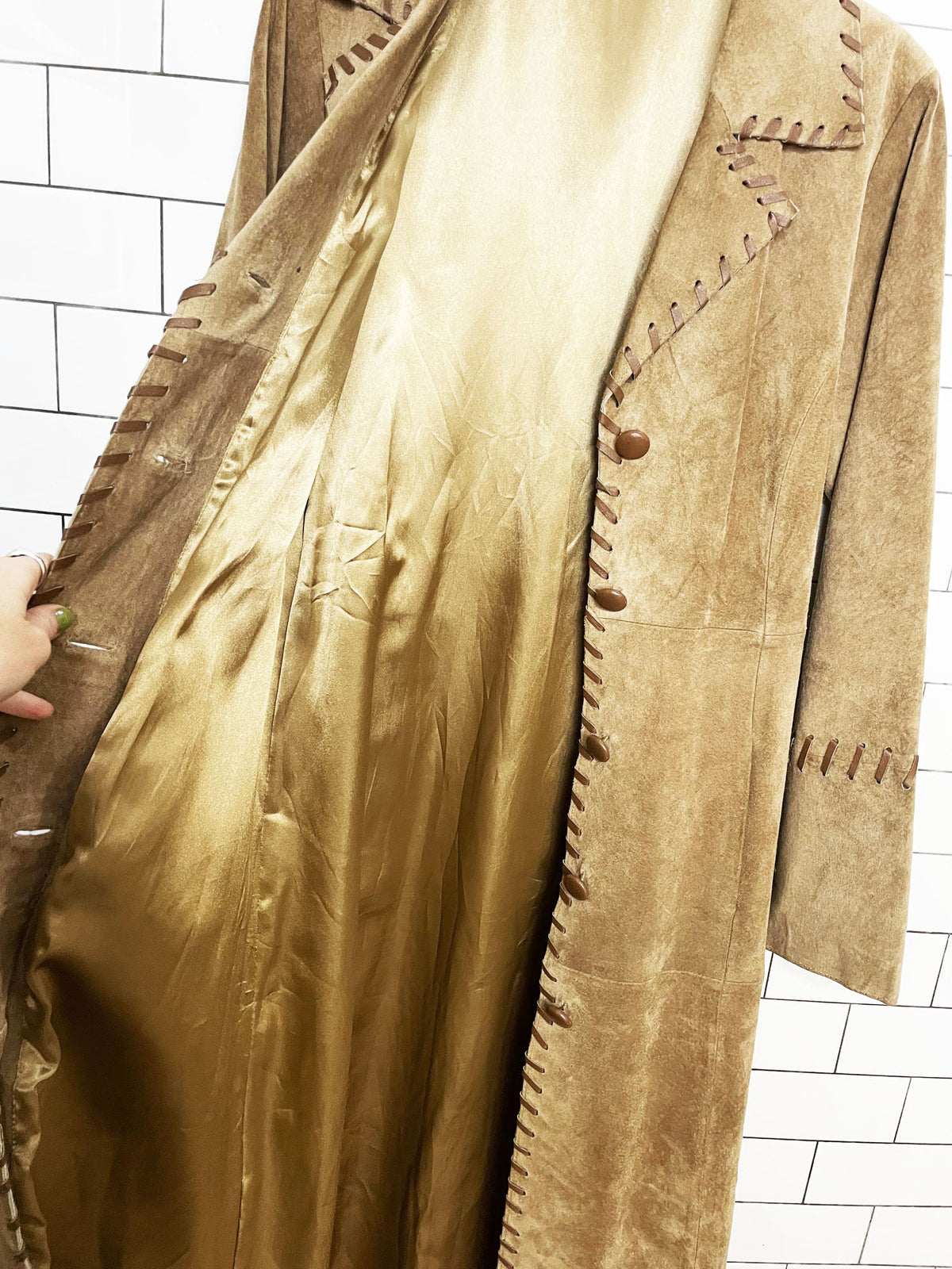 vintage lamb suede boho southwestern whip stitch full button duster jacket