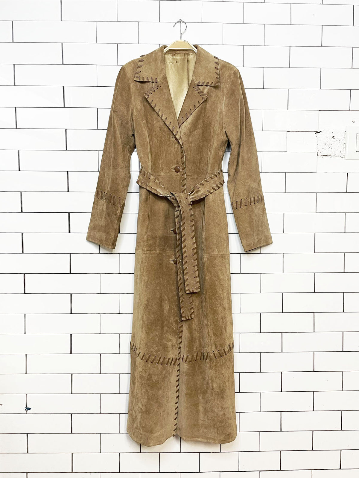 vintage lamb suede boho southwestern whip stitch full button duster jacket