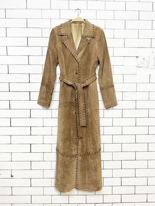 vintage lamb suede boho southwestern whip stitch full button duster jacket